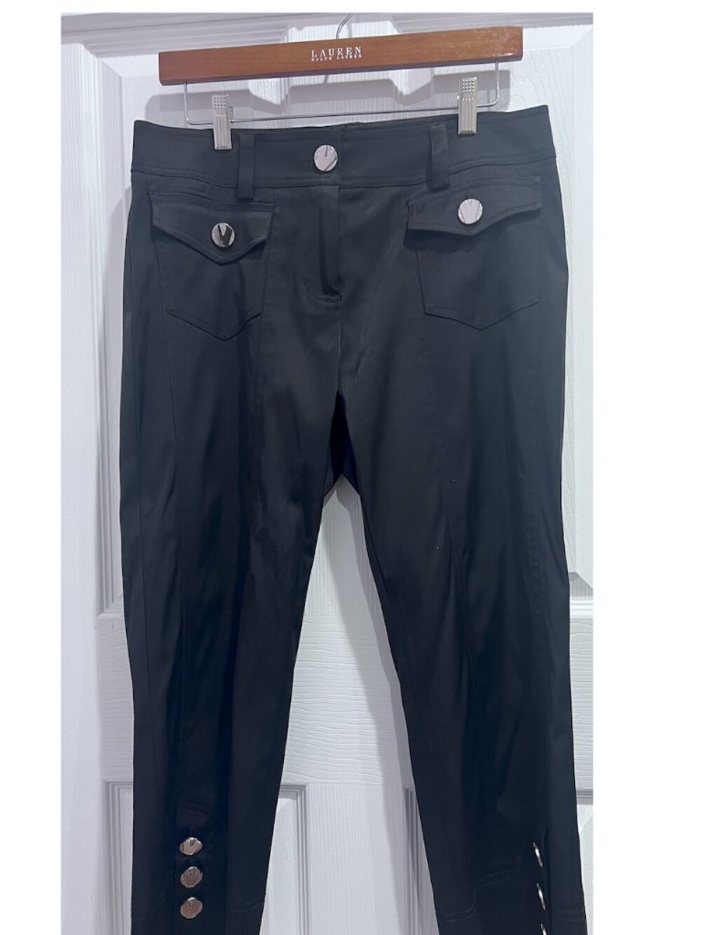 Caché Black Cropped Utility Pants | Silver Button Detail | Size 8